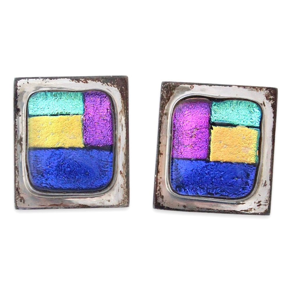 Vintage Debora Wayne Dichroic Glass Sterling Silver Stud Earrings Signed 1998
